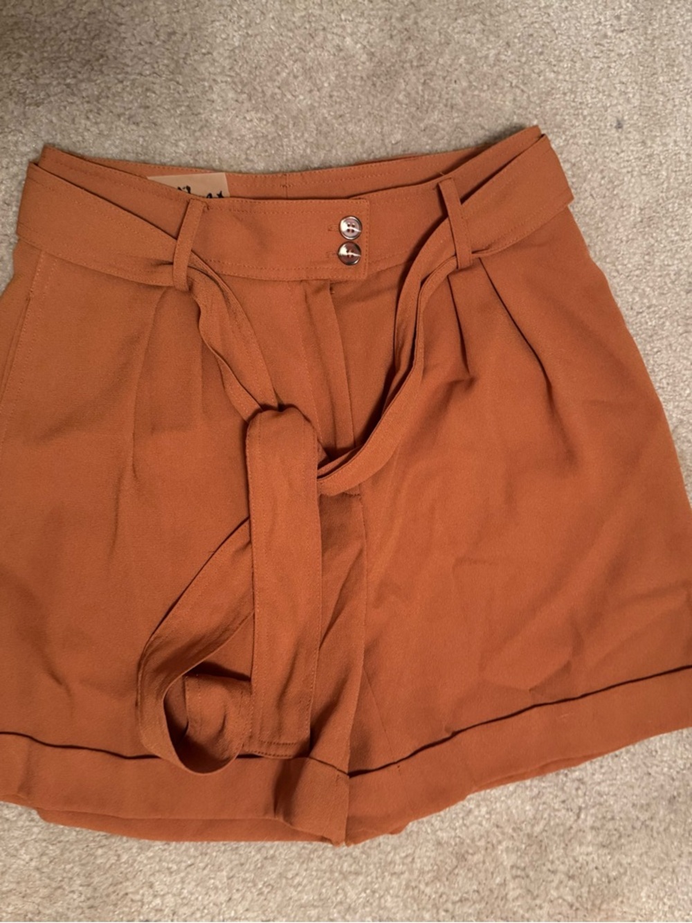 Bar III High-Waist Paperbag Tie-Waist Shorts in Rust Orange